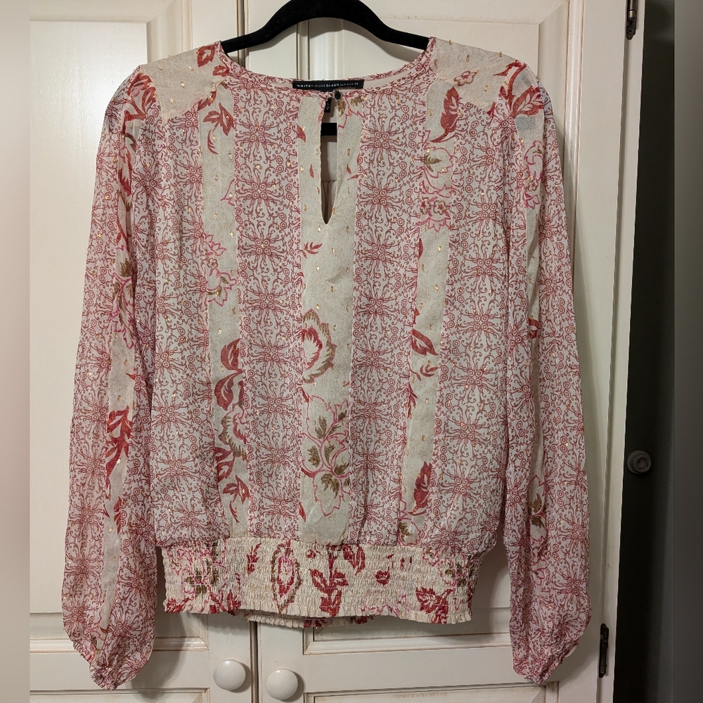 White House Black Market Mixed Print Blouse With Gold Accents